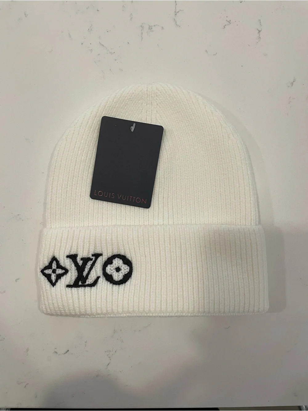 White LV Beanie with Black LV Embroidery